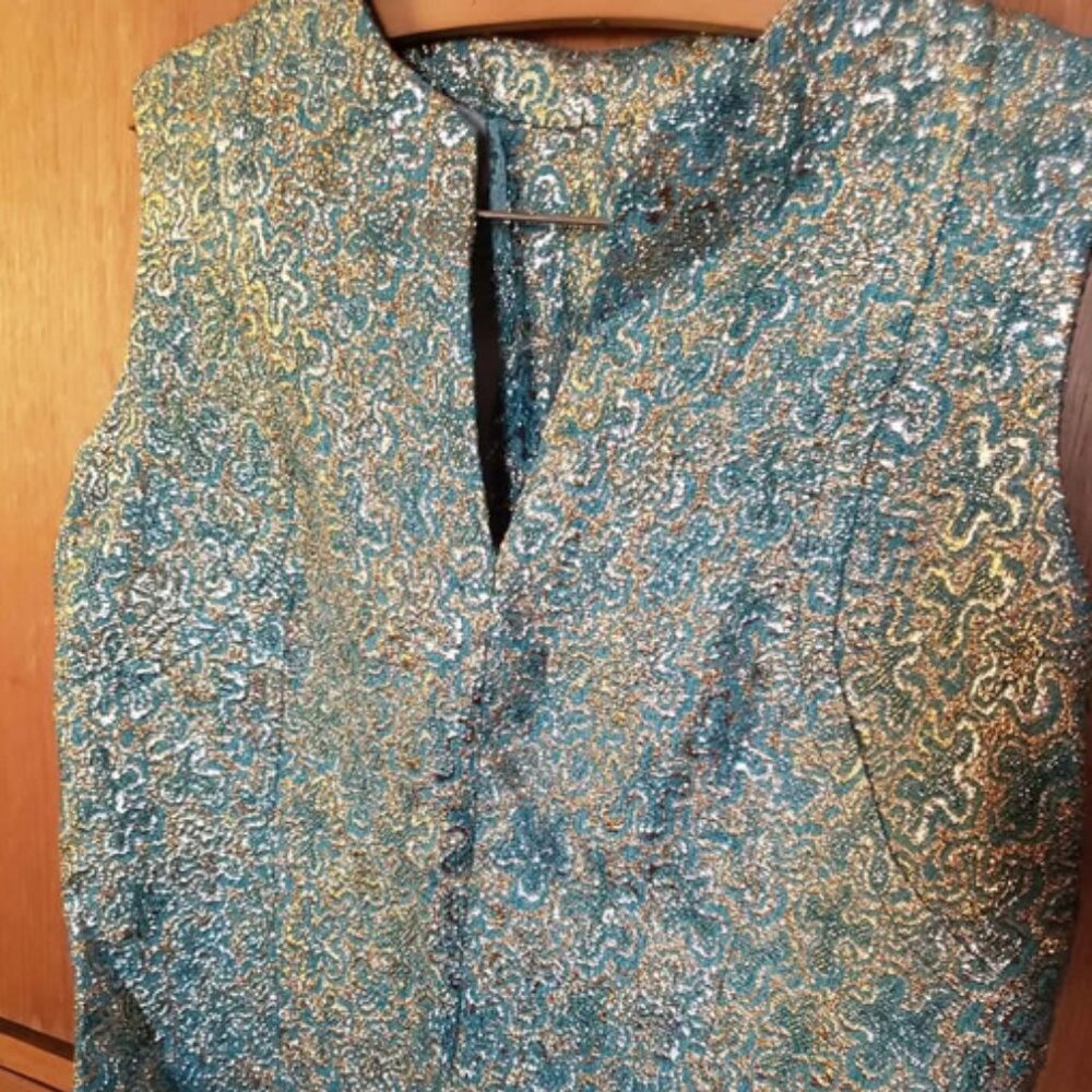 Vintage teal brocade sleeveless top, S
